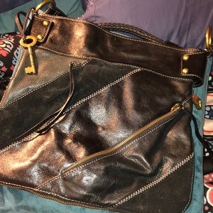 Large leather & suede Fossil shoulder bag.